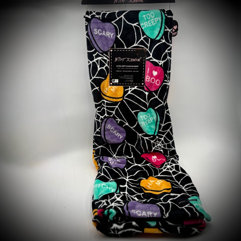 Betsey Johnson Halloween Candy Conversation Hearts Spiderweb Plush Throw Blanket